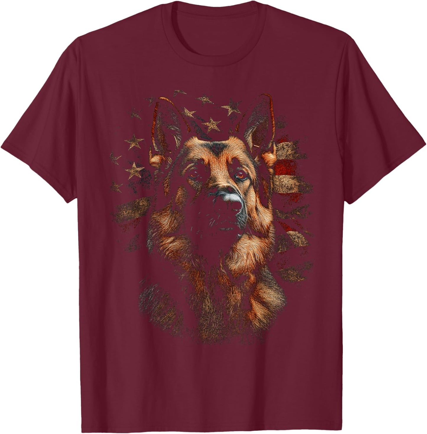 German Shepherd USA Flag Patriotic Dog Art T-Shirt - T-Shirt | Maroon