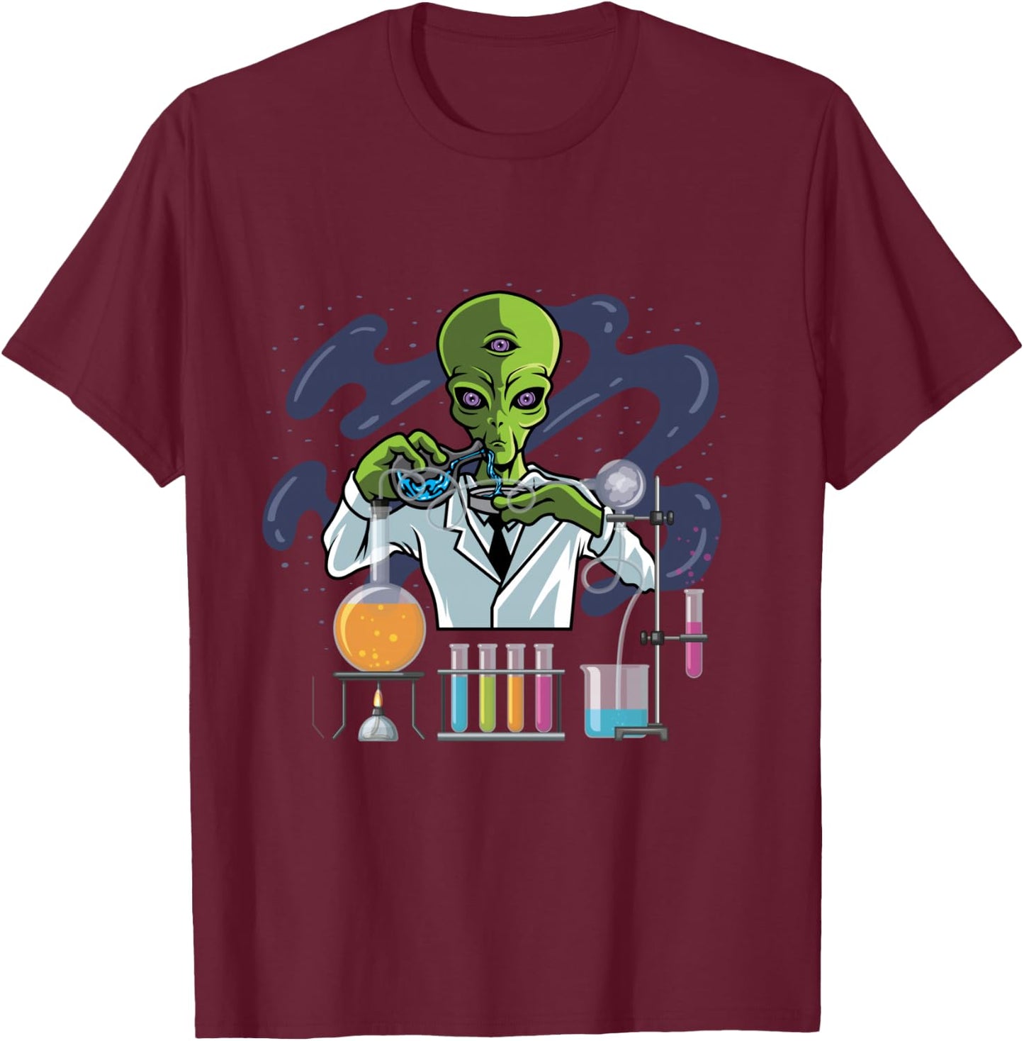 Psychedelic Alien Lab Technician T-Shirt - T-Shirt | Maroon