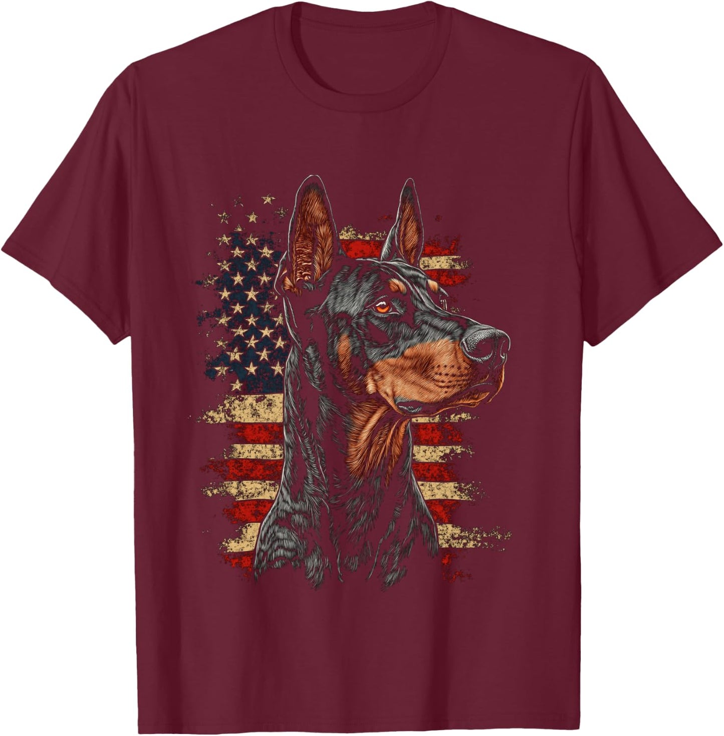 Doberman USA Flag Patriotic Dog Art T-Shirt - T-Shirt | Maroon