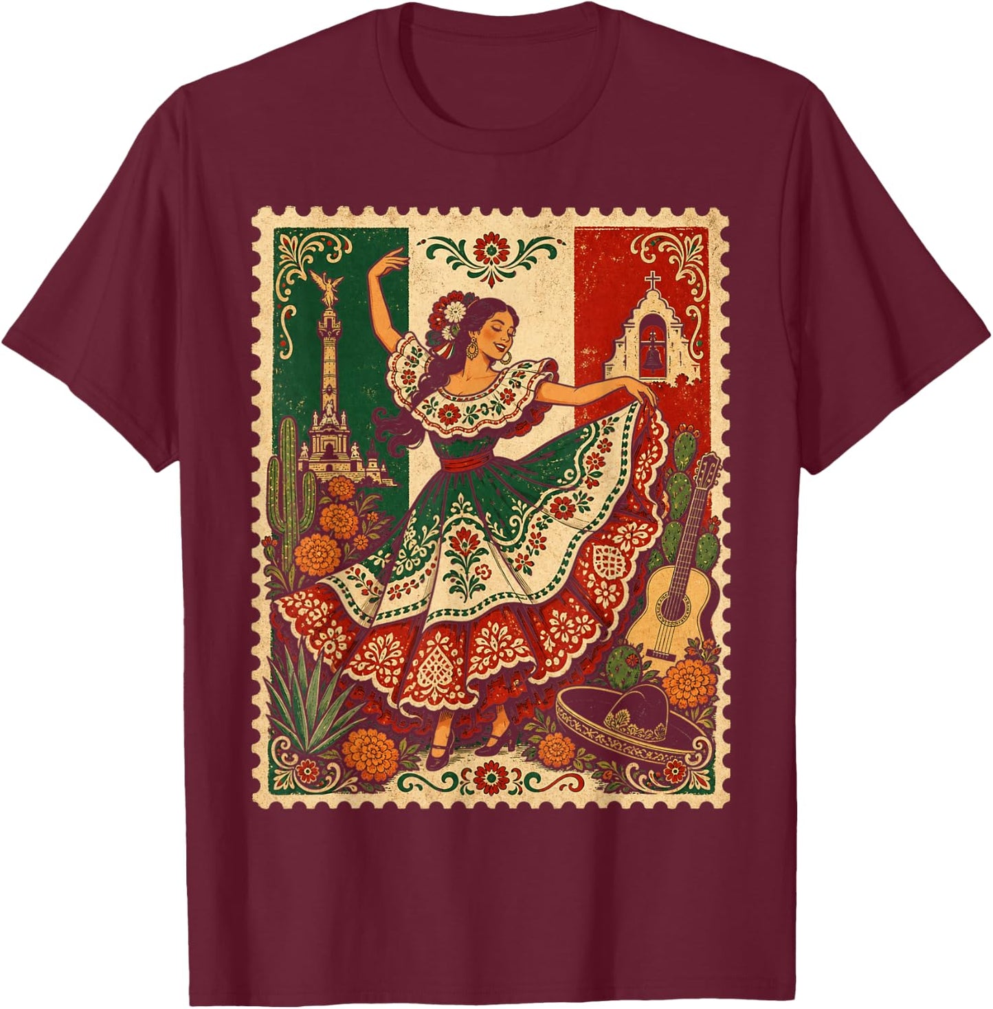 Mexican Folk Dance Baile Folklorico Vintage Stamp Art T-Shirt - T-Shirt | Maroon