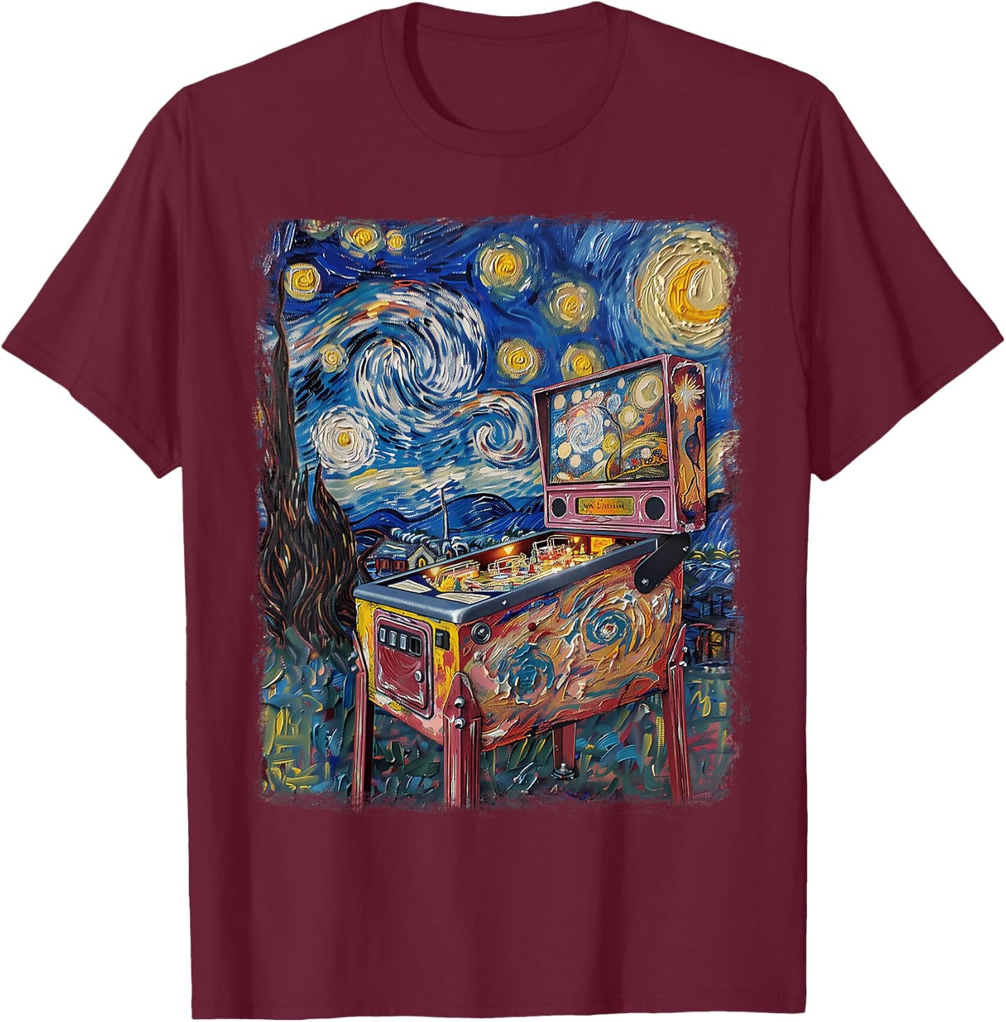 Pinball Arcade Game Machine Starry Night Painting T-Shirt - T-Shirt | Maroon
