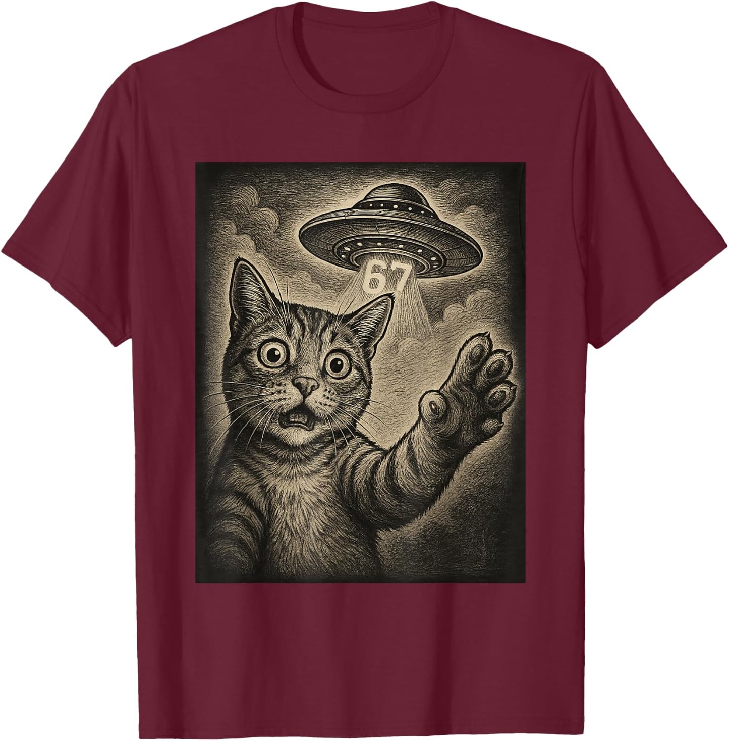 Cat Selfie 67 Meme Six Seven Funny UFO T-Shirt - T-Shirt | Maroon
