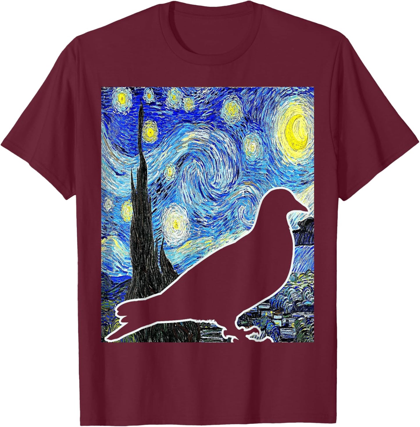 Pigeon Starry Night Van Gogh Birdwatching Ornithology T-Shirt - T-Shirt | Maroon