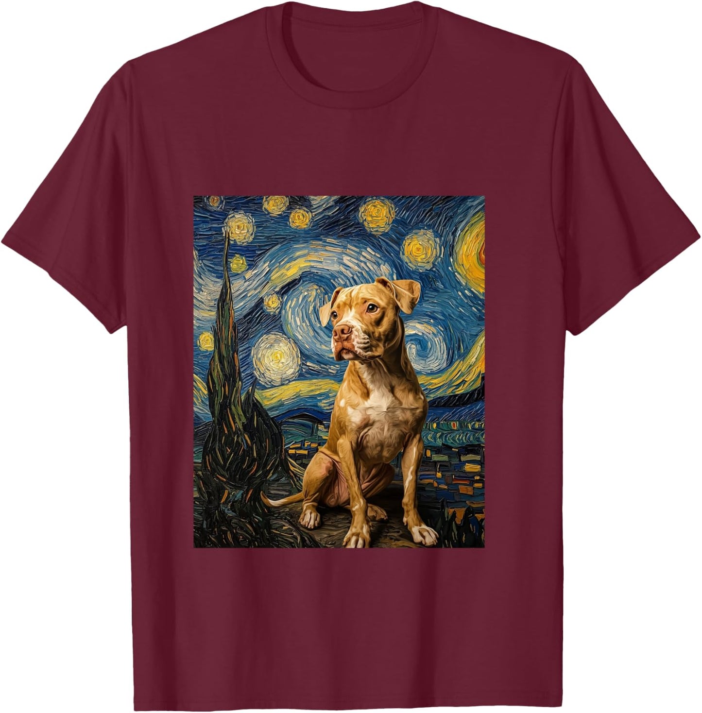 Pitbull Dog Pittie Van Gogh Style Starry Night Graphic T-Shirt - T-Shirt | Maroon