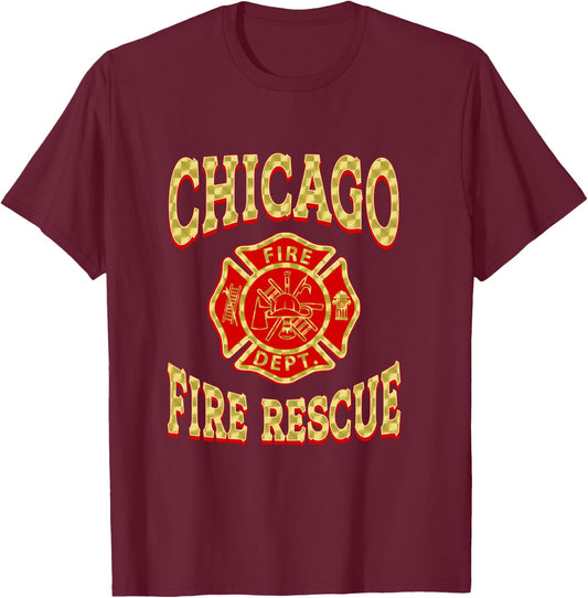 Retro Fire Department Chicago Firefighter Flag Rescue T-Shirt - T-Shirt | Maroon