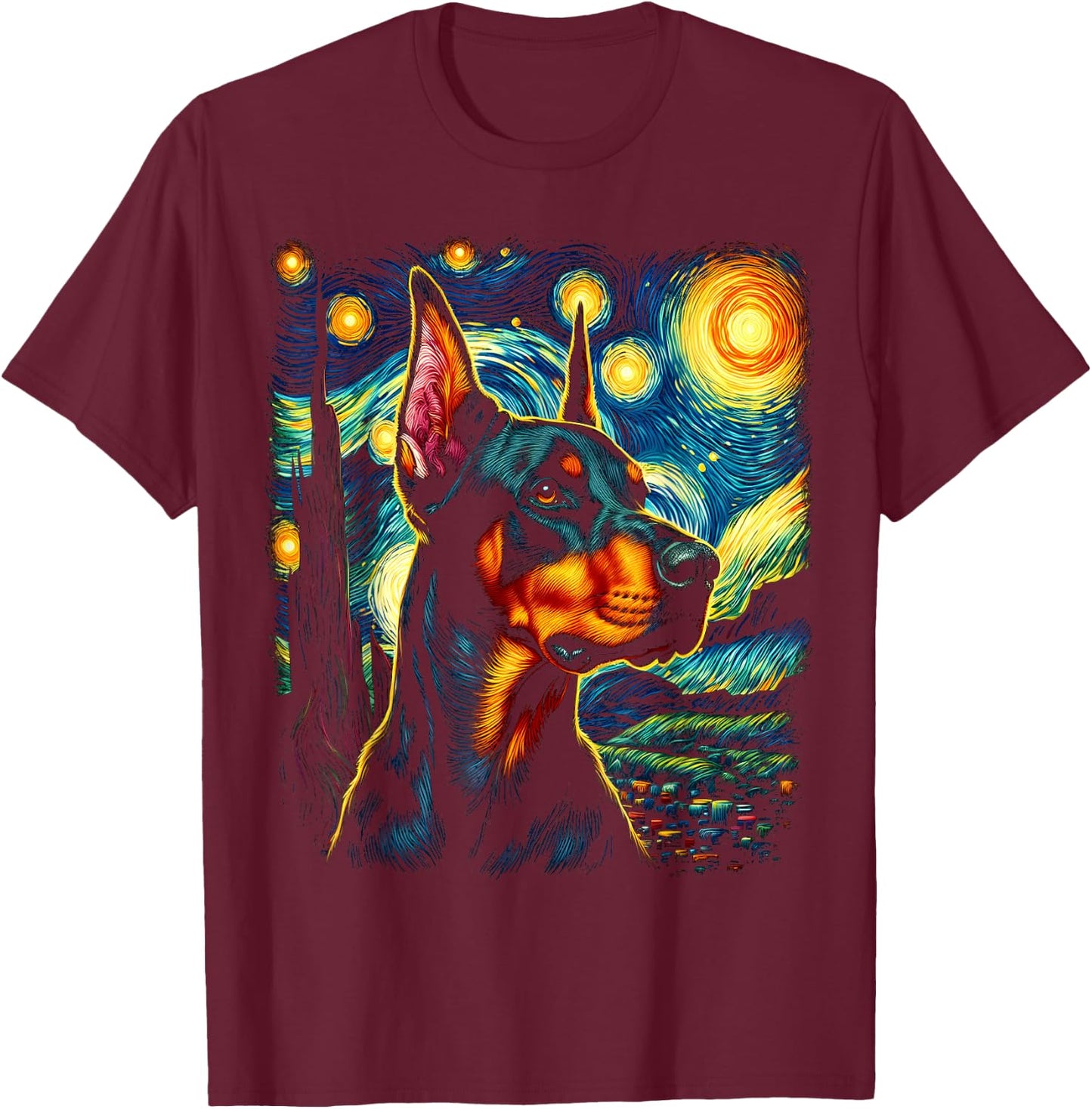 Doberman Pinscher Starry Night Van Gogh Inspired Art T-Shirt - T-Shirt | Maroon