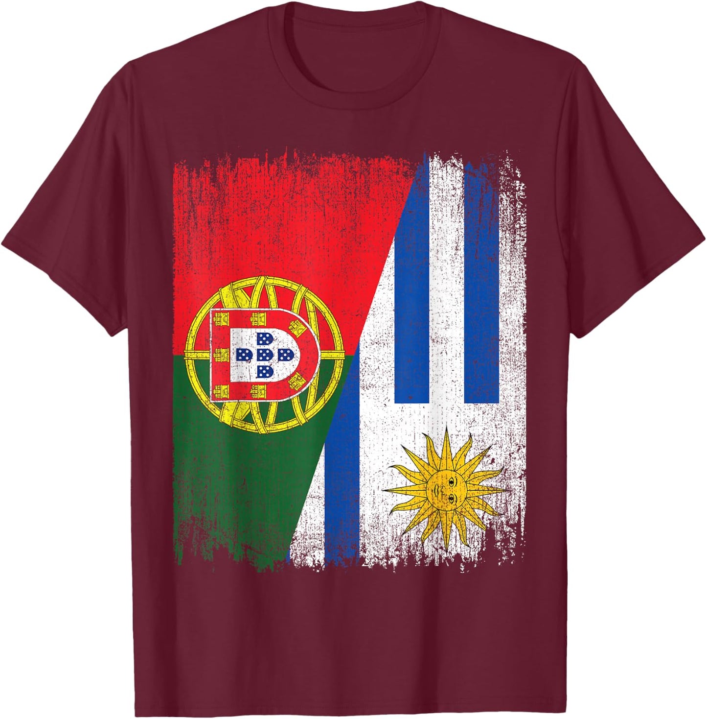 Half Portugal Uruguay Split Flag Portuguese Pride Roots T-Shirt - T-Shirt | Maroon