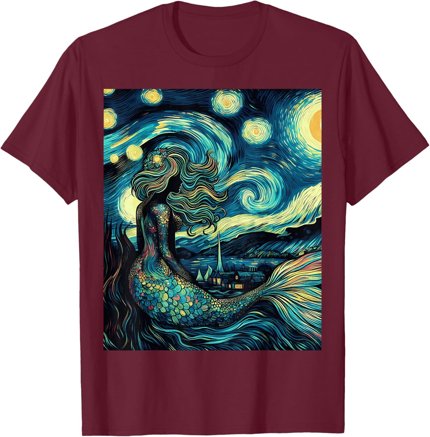 Mermaid Under Starry Night Sky Art Graphic Christmas T-Shirt - T-Shirt | Maroon