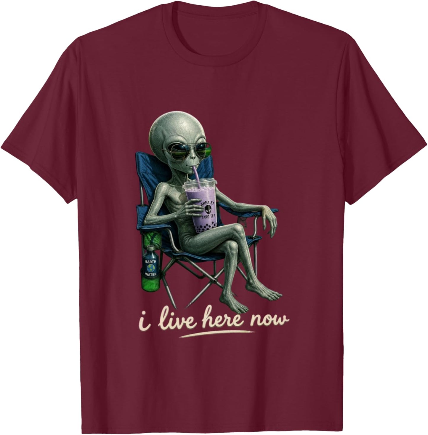 Design Amusant avec Inscription « I Live Here » - Motif Extraterrestre - Violet Manche Longue T-Shirt - T-Shirt | Maroon