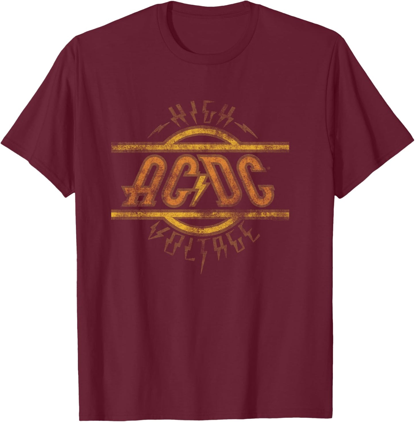 Offizielles AC/DC High Voltage Logo Distressed Band Langarmshirt T-Shirt - T-Shirt | Maroon