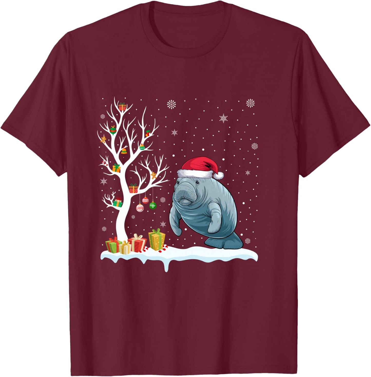 Manatee Santa Hat Festive Tree Light Christmas Pajama T-Shirt - T-Shirt | Maroon