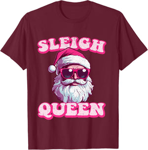 Groovy Retro Christmas Funny Pink Santa Sleigh Queen T-Shirt - T-Shirt | Maroon