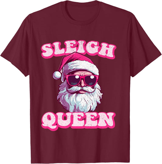 Groovy Retro Christmas Funny Pink Santa Sleigh Queen T-Shirt - T-Shirt | Maroon