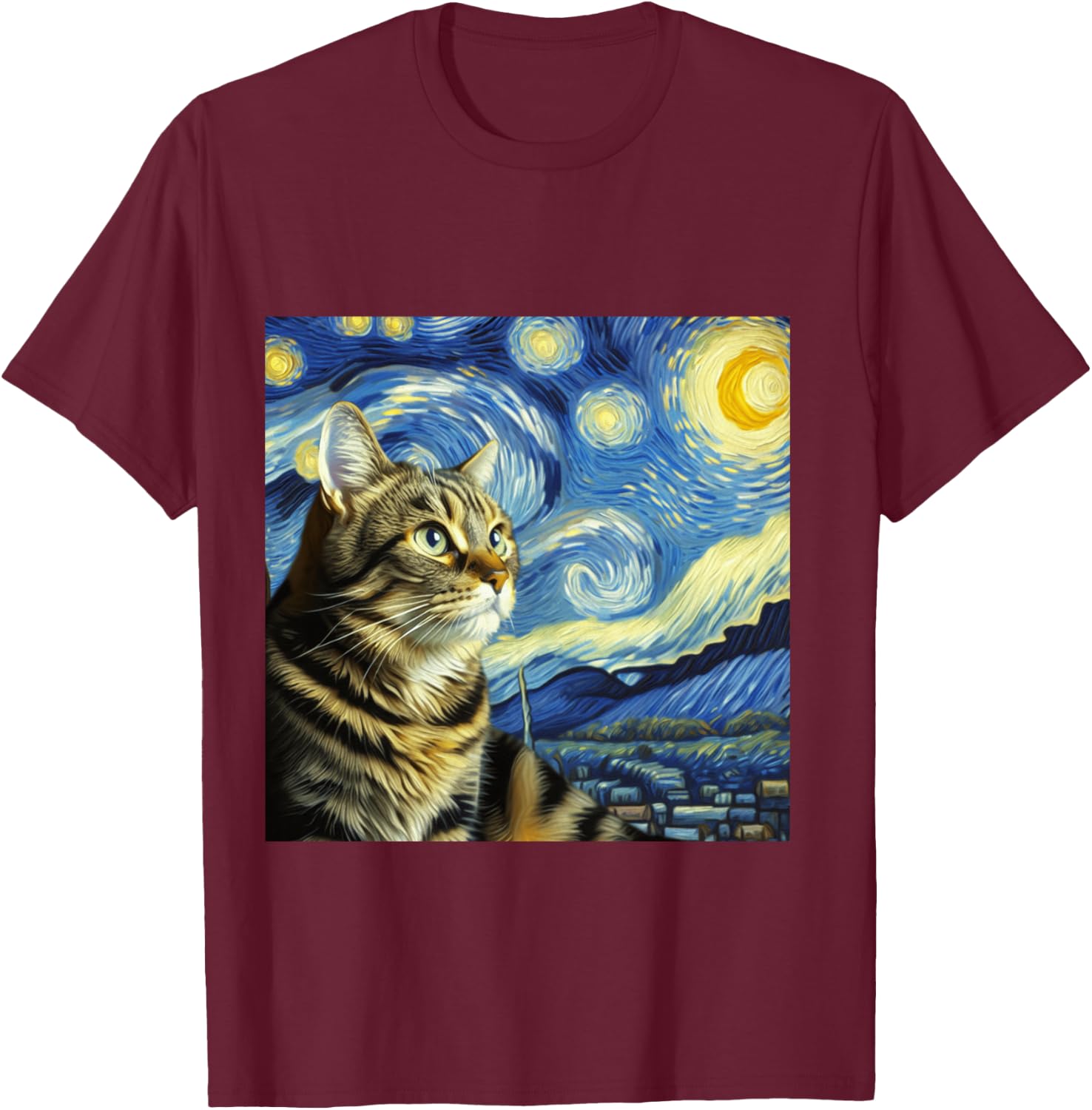 Funny Cat Lover Starry Night Van Gogh Grey Tabby Tiger Cat T-Shirt - T-Shirt | Maroon