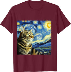 Funny Cat Lover Starry Night Van Gogh Grey Tabby Tiger Cat T-Shirt - T-Shirt | Maroon