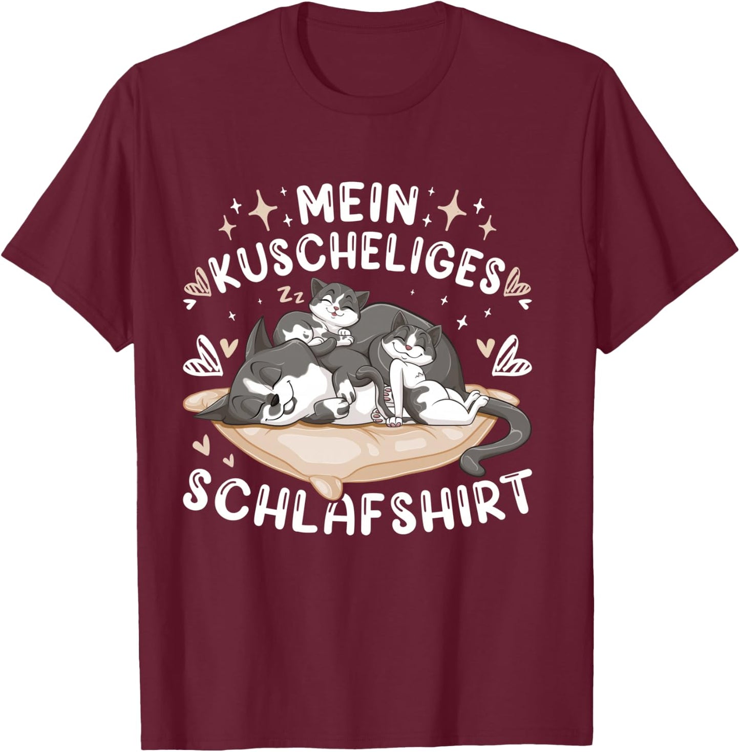 Mein Kuscheliges Schlafshirt, Hauskatze mit 2 Kitten, Shirt, black T-Shirt - T-Shirt | Maroon
