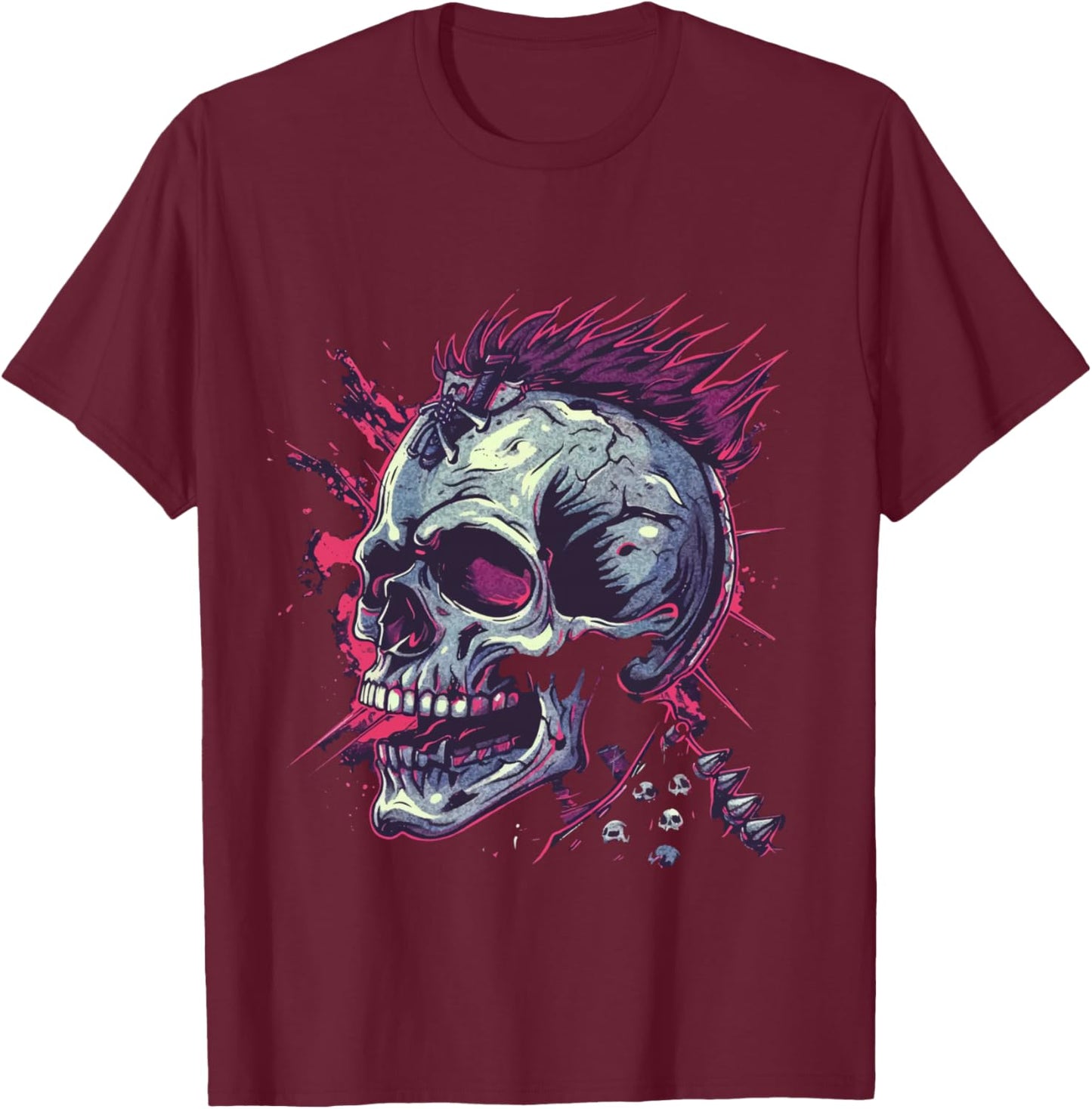 Skull Biker Punk Rock Skeleton T-Shirt - T-Shirt | Maroon