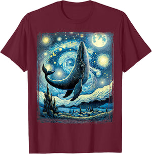 Whale Star Gazer Artistic Van Gogh Style Starry Night Whale T-Shirt - T-Shirt | Maroon
