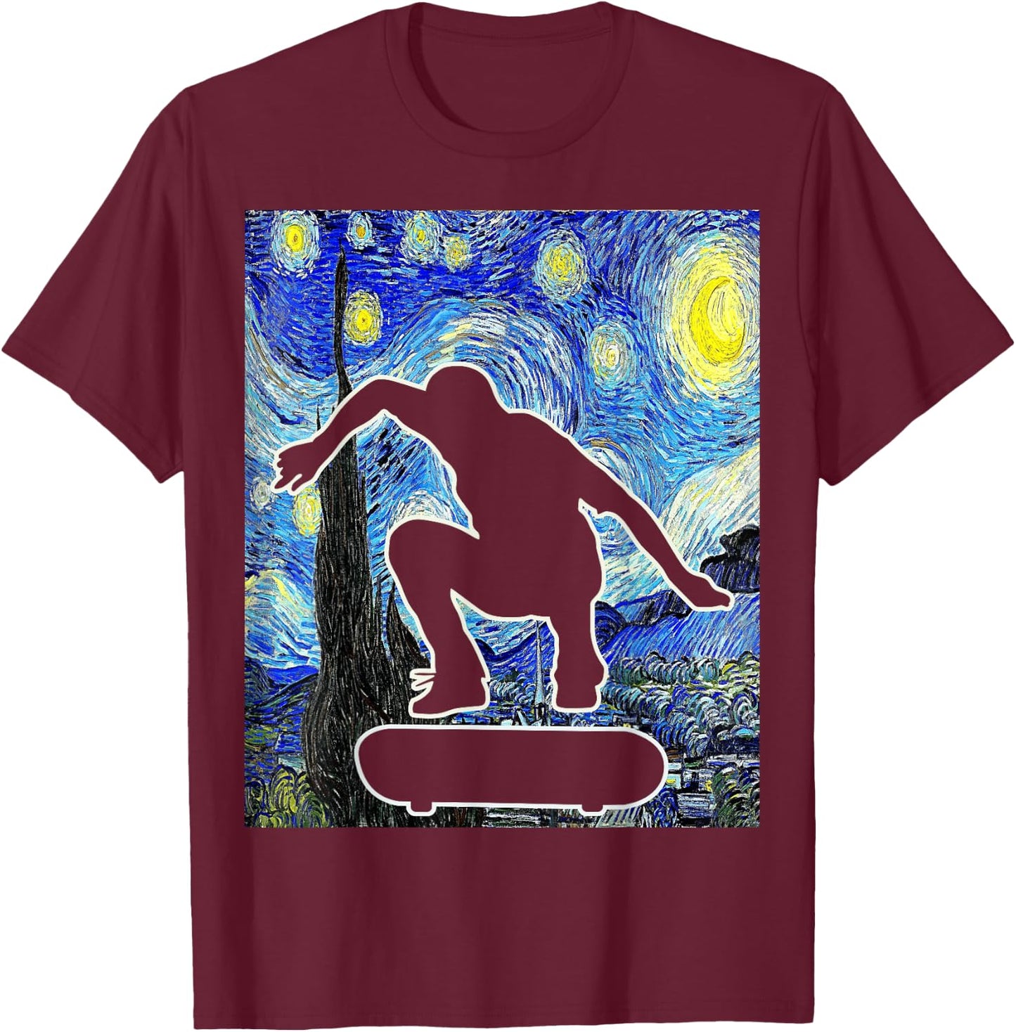 Skateboarding Starry Night Skateboard Van Gogh T-Shirt - T-Shirt | Maroon