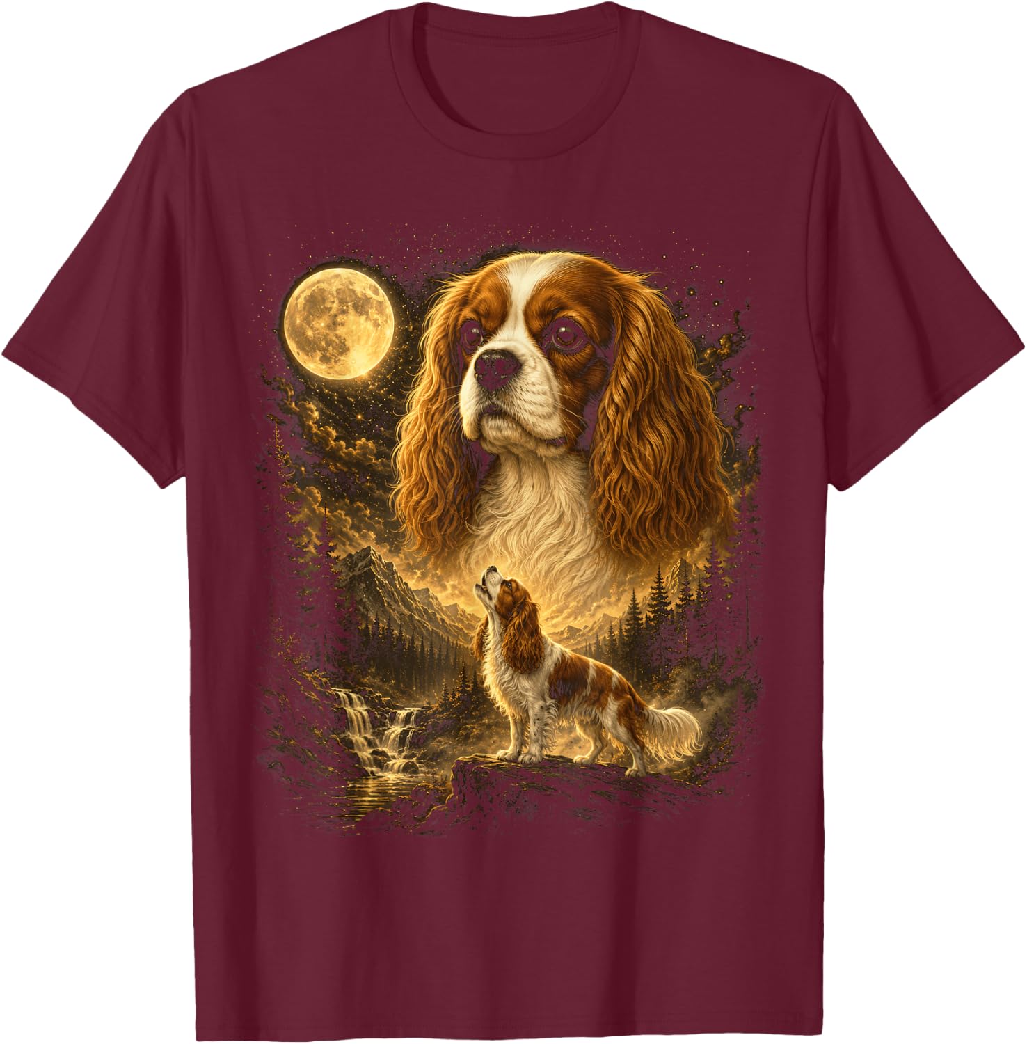 Cavalier King Charles Spaniel Howling to The Moon T-Shirt - T-Shirt | Maroon