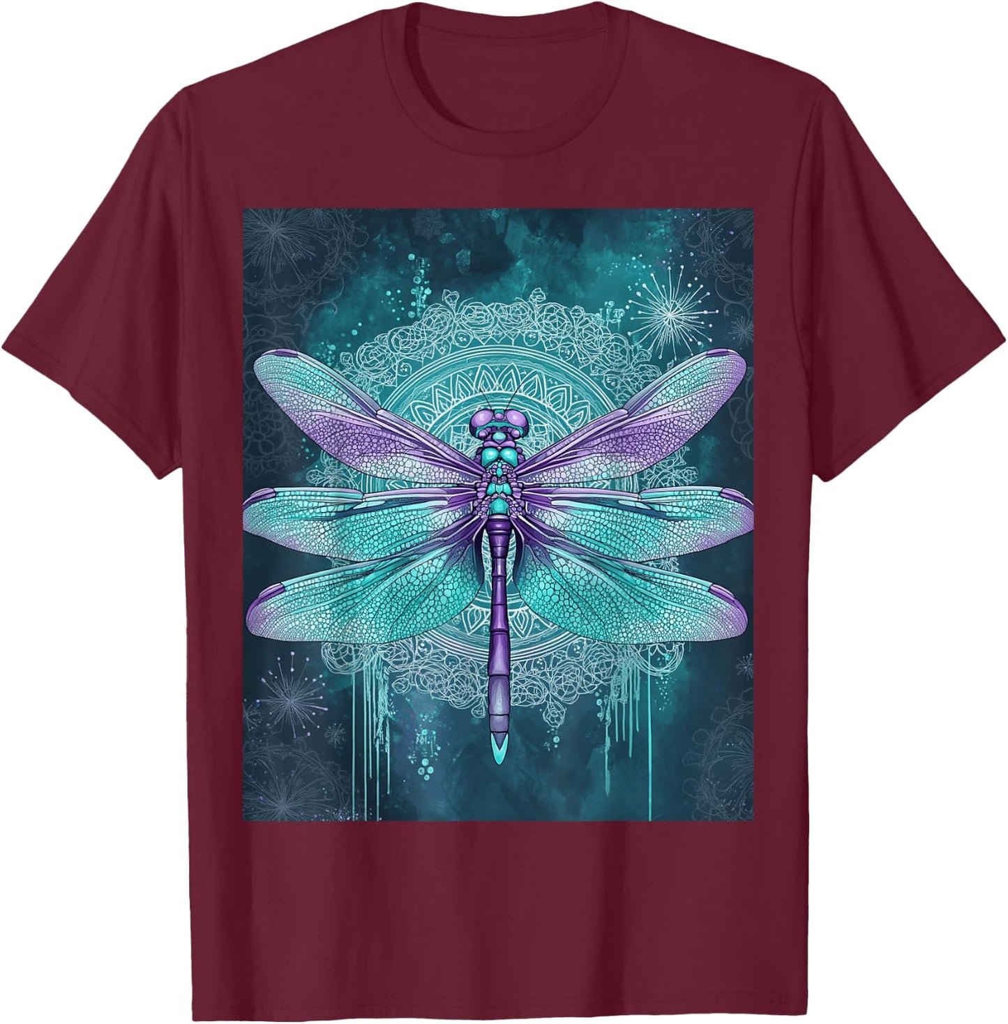 Turquoise Purple Dragonfly Watercolor Art T-Shirt - T-Shirt | Maroon
