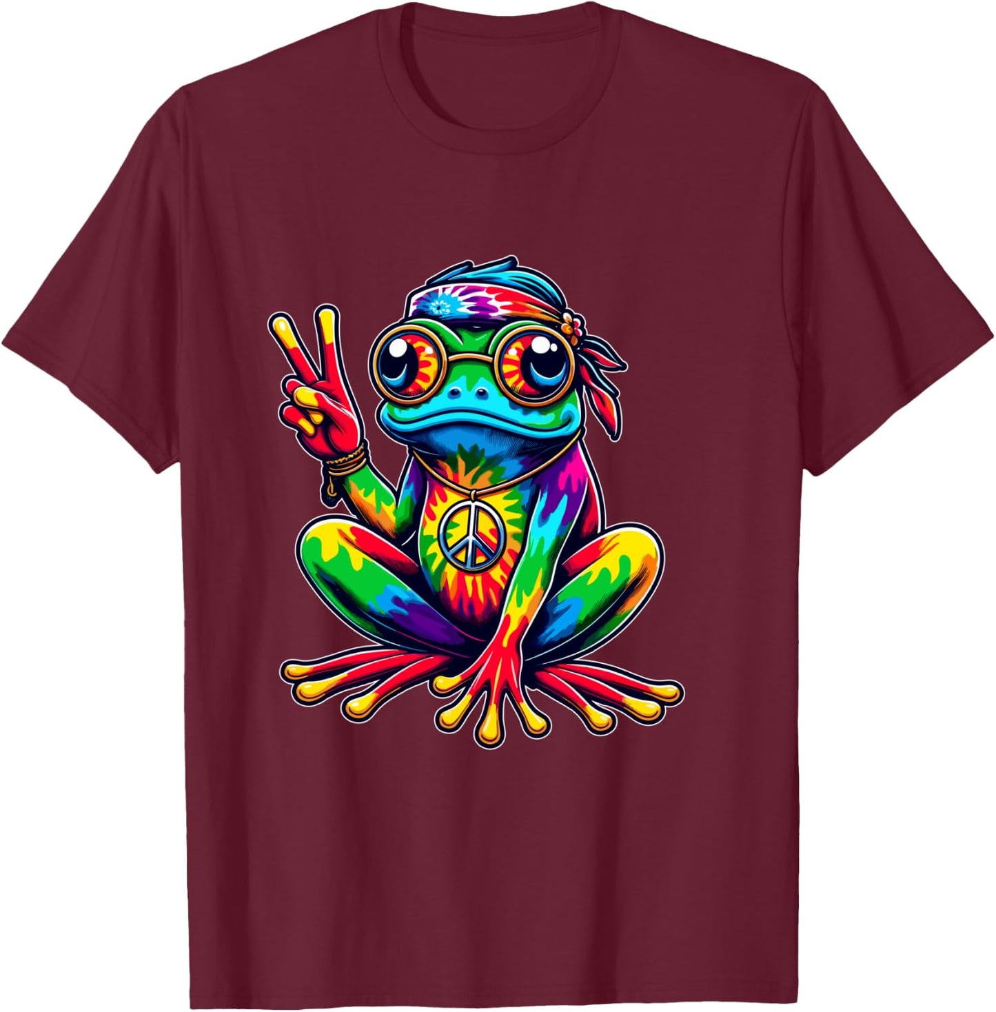 Hippie Tie-Dye Frog, 60s Party & 70s Costume, Peace Sign Shirt, black T-Shirt - T-Shirt | Maroon