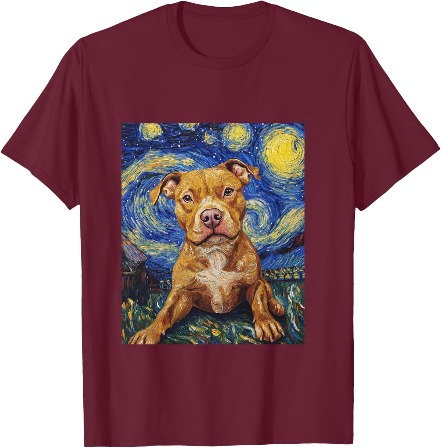 Pitbull Dog Pittie Van Gogh Style Starry Night Graphic T-Shirt - T-Shirt | Maroon