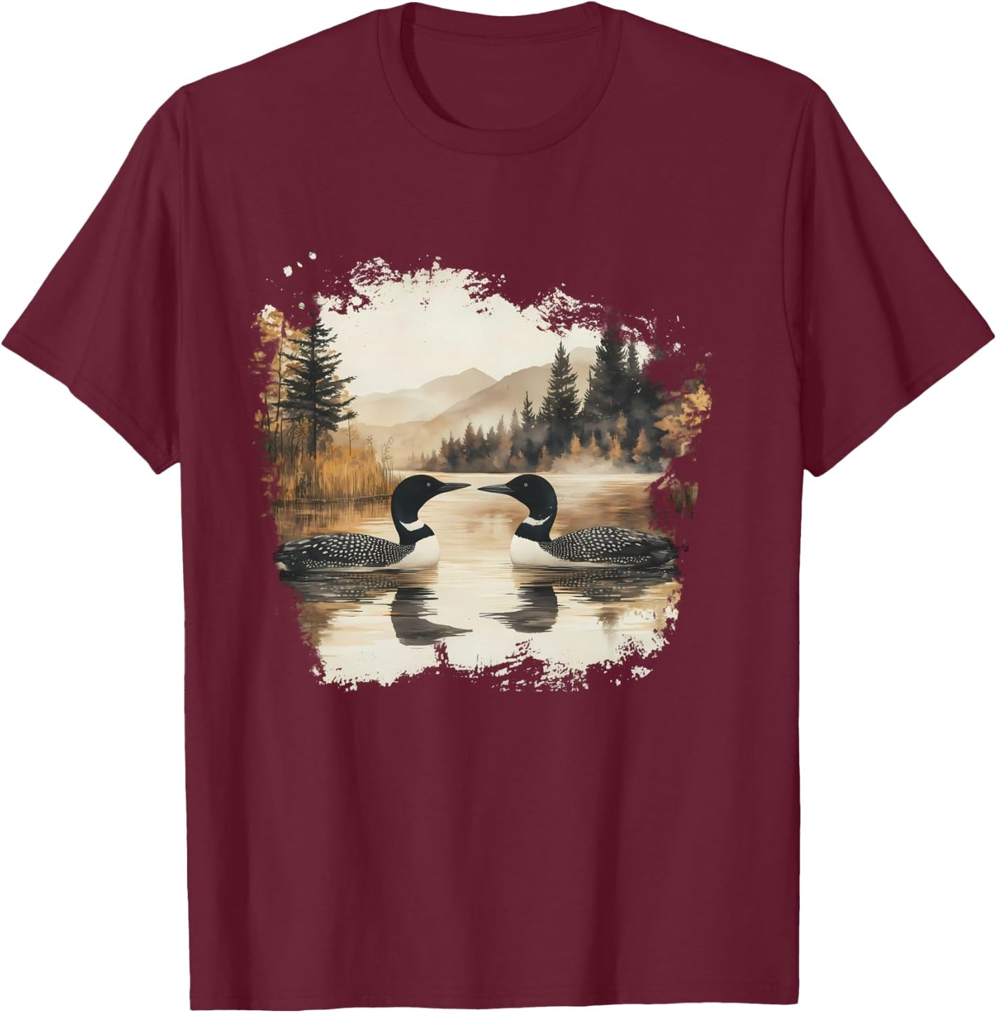 Retro Loon Wilderness Scene Women T-Shirt - T-Shirt | Maroon