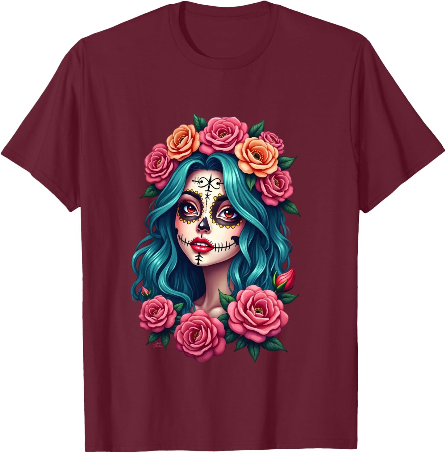 Dia de los Muertos head Mexican woman Mexico sugar skull , Black, S T-Shirt - T-Shirt | Maroon