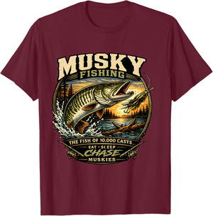Musky Fishing - The Fish of 10000 Casts Eat Sleep Muskies T-Shirt - T-Shirt | Maroon