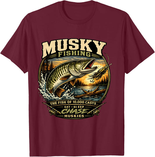 Musky Fishing - The Fish of 10000 Casts Eat Sleep Muskies T-Shirt - T-Shirt | Maroon
