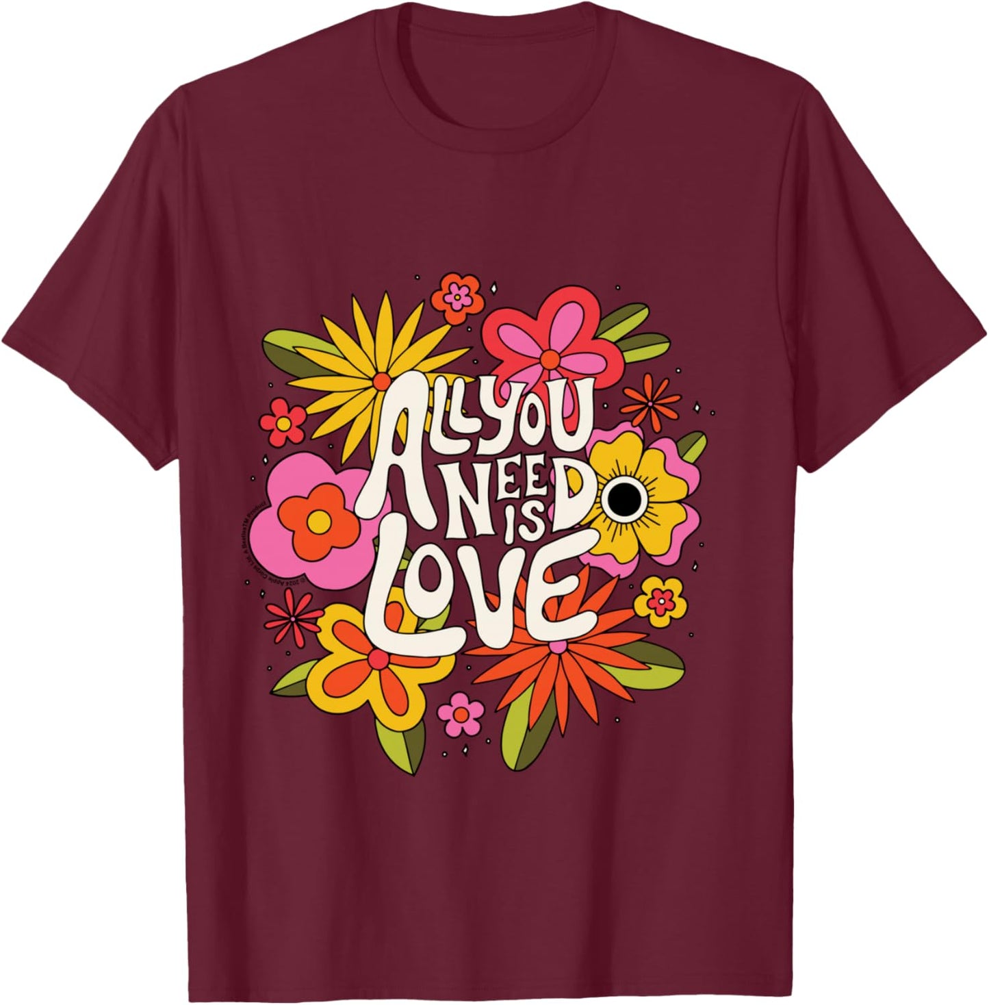 The Beatles - All You Need Is Love Retro Flowers , Black T-Shirt - T-Shirt | Maroon