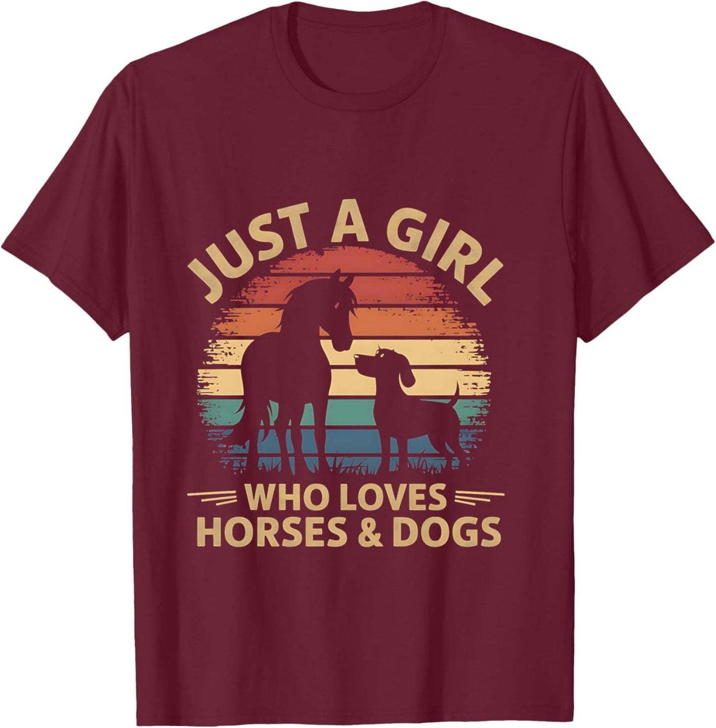 Just a Girl Who Loves Horses and Dogs Coucher de Soleil rétro Manche Longue T-Shirt - T-Shirt | Maroon