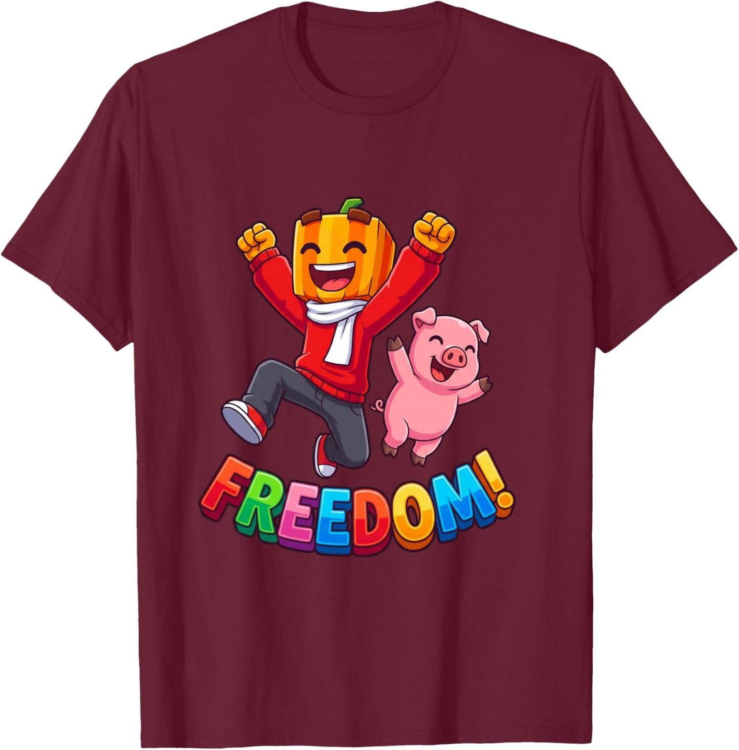 Freedom Kürbis Junge Rosa Schwein Kawaii Cartoon Langarmshirt T-Shirt - T-Shirt | Maroon