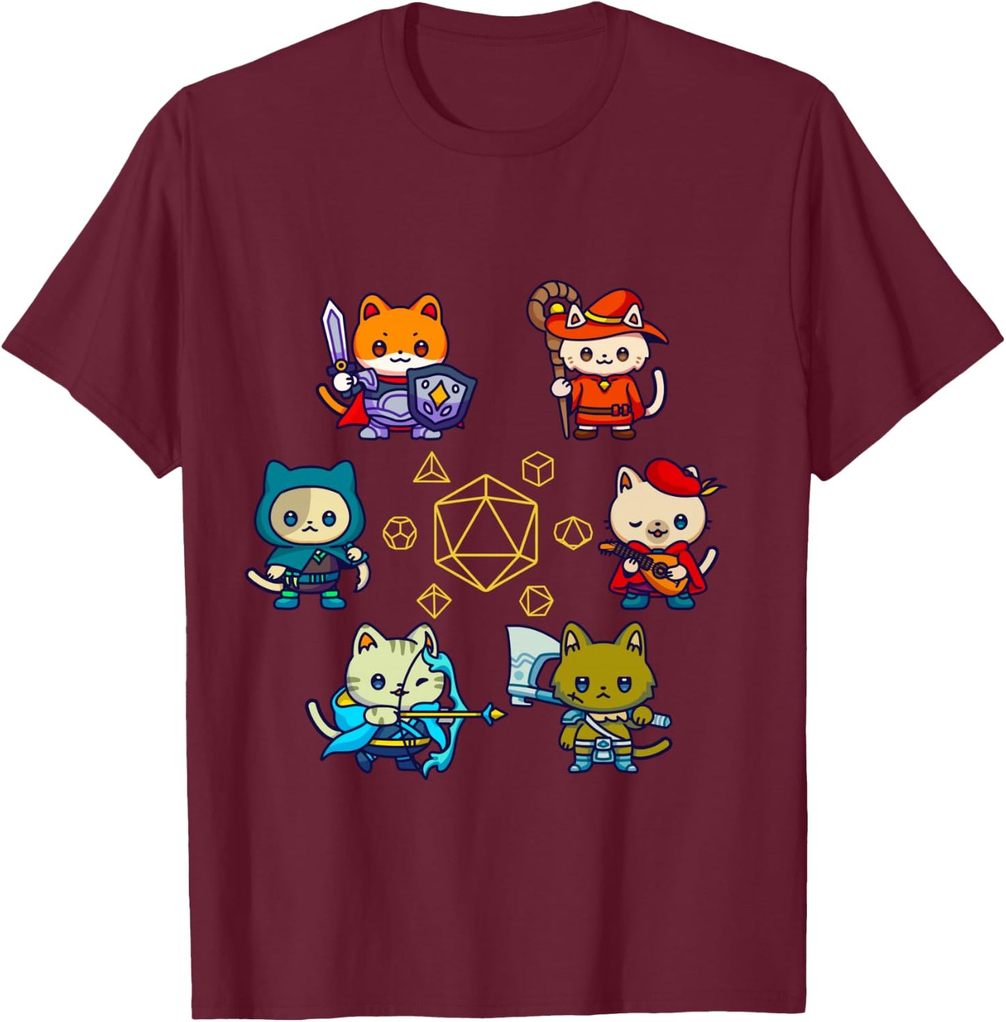 RPG Gamer Cats D20 Dice Nerdy Geek Cat Men, Women, Child , Black, S T-Shirt - T-Shirt | Maroon