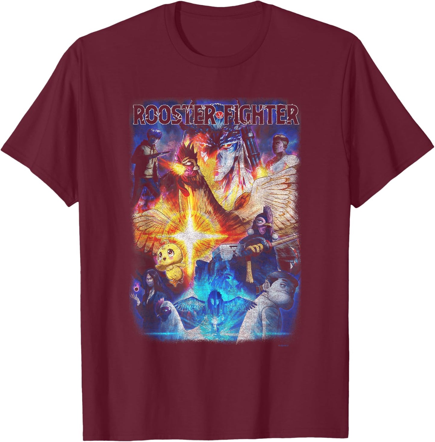 Rooster Fighter Colorful Poster Art Collage Anime T-Shirt - T-Shirt | Maroon