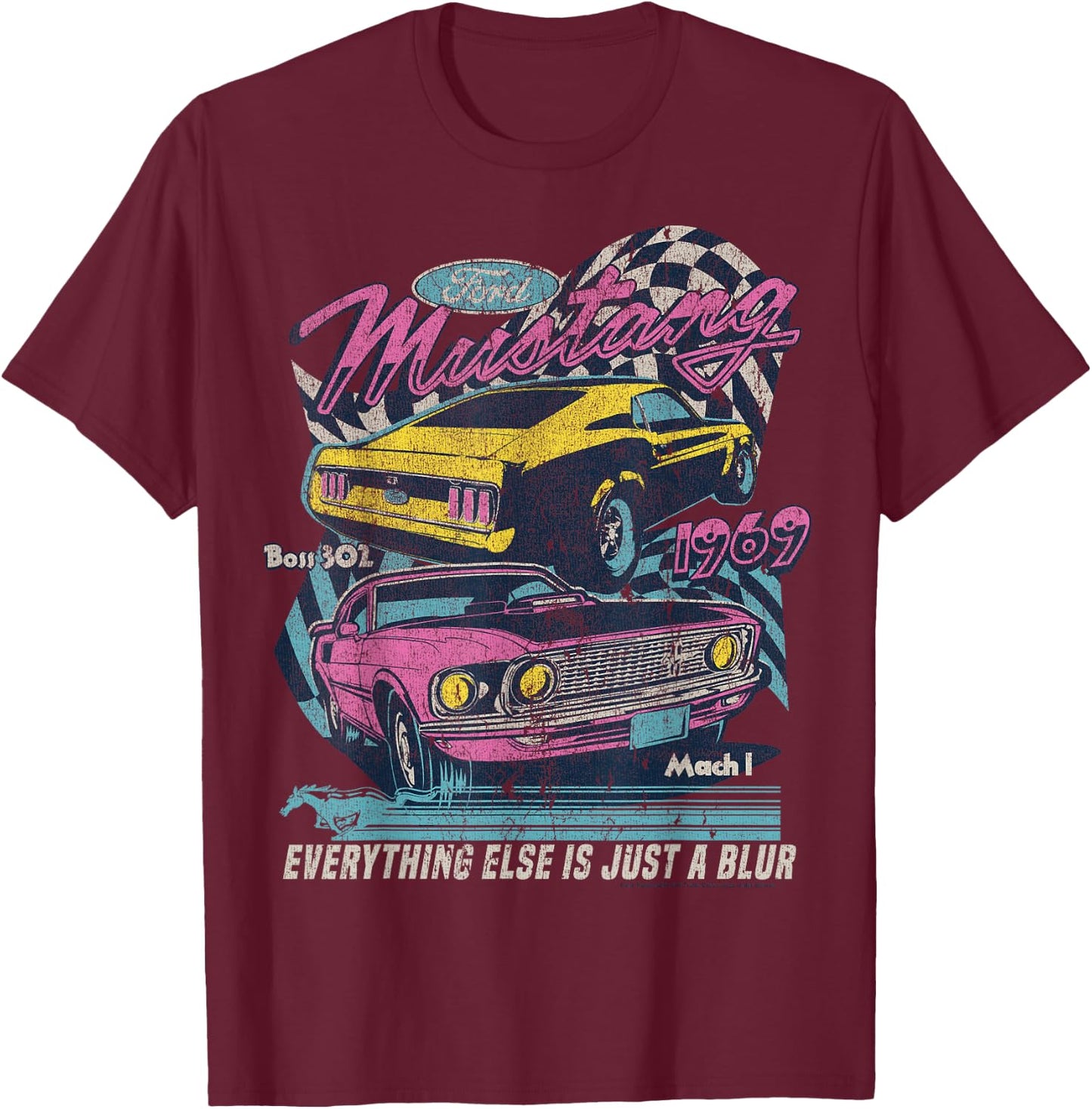 Ford Vintage Mustang Mach 1 1969 Boss 302 Just A Blur , black T-Shirt - T-Shirt | Maroon