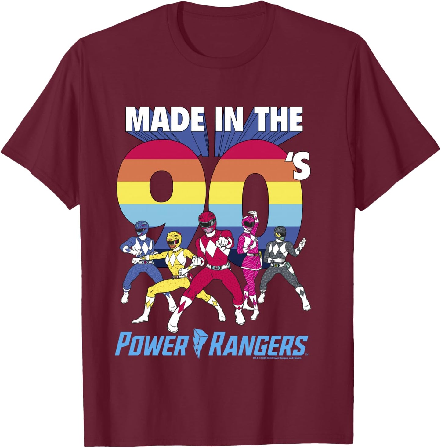Power Rangers Made In The 90's Retro Rainbow Stripe Logo T-Shirt - T-Shirt | Maroon