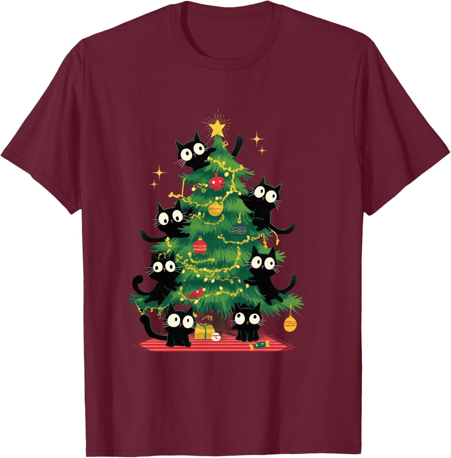 Arbre de Noël Amusant avec Chats Noirs pour Enfants, Hommes, Femmes, Nouvel an Manche Longue T-Shirt - T-Shirt | Maroon