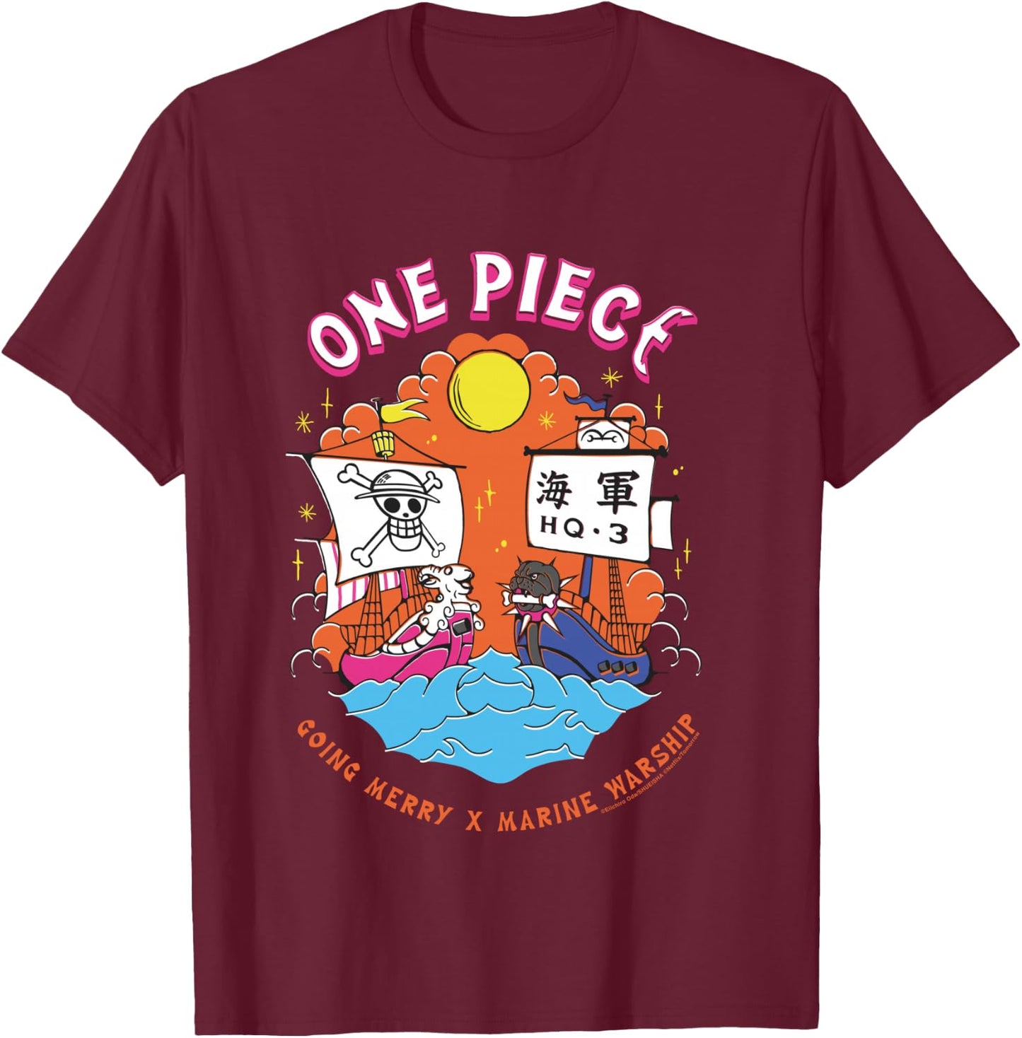 One Piece Going Merry X Navy Warship Straw Hat Pirates T-Shirt - T-Shirt | Maroon