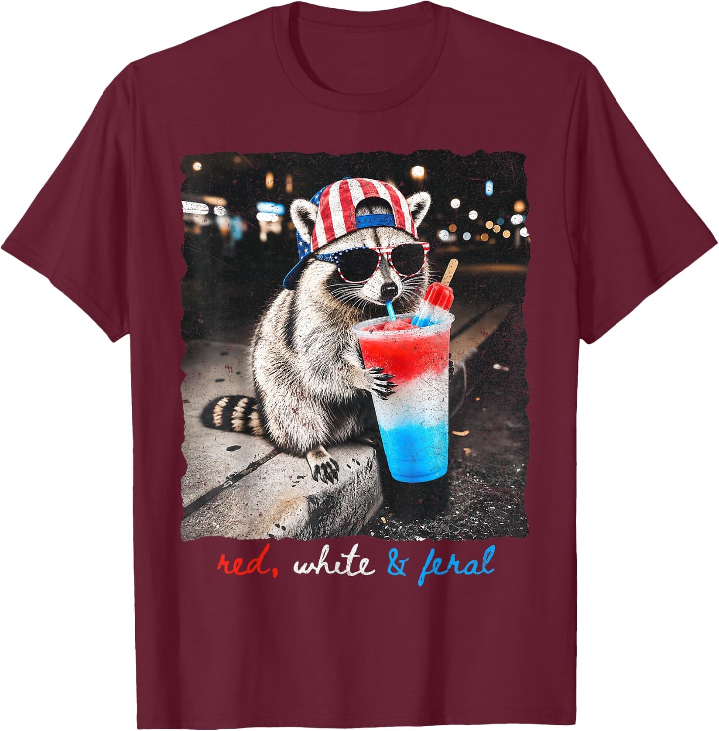 Red White & Feral Funny Raccoon Slushie Popsicle 4th July T-Shirt - T-Shirt | Maroon