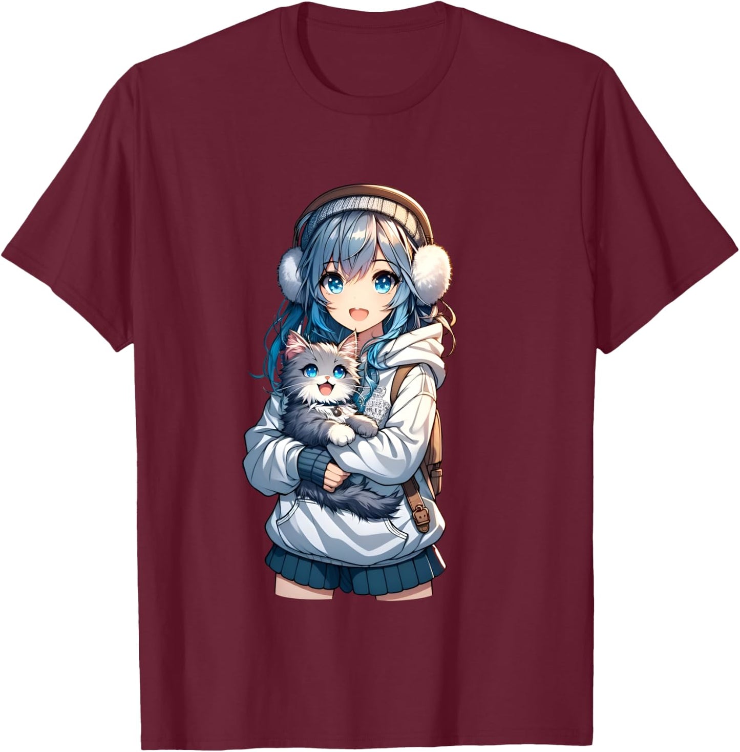 Cute Anime Girl with Cat for Cat Lover Kawaii Otaku Manga , Black, S T-Shirt - T-Shirt | Maroon