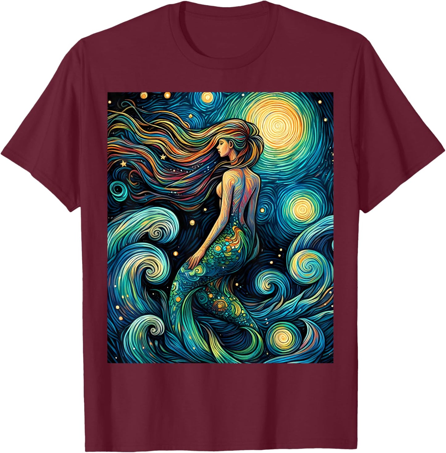 Mermaid Under Starry Night Sky Art Graphic Christmas T-Shirt - T-Shirt | Maroon