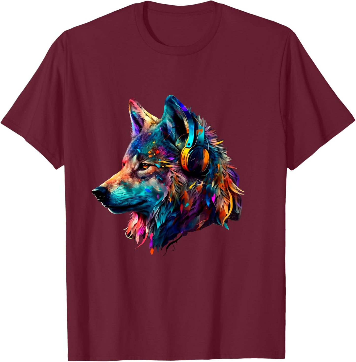 Bunter Wolf mit Kopfhörern, Musikgrafik, Herren, Damen, Kinder Langarmshirt T-Shirt - T-Shirt | Maroon