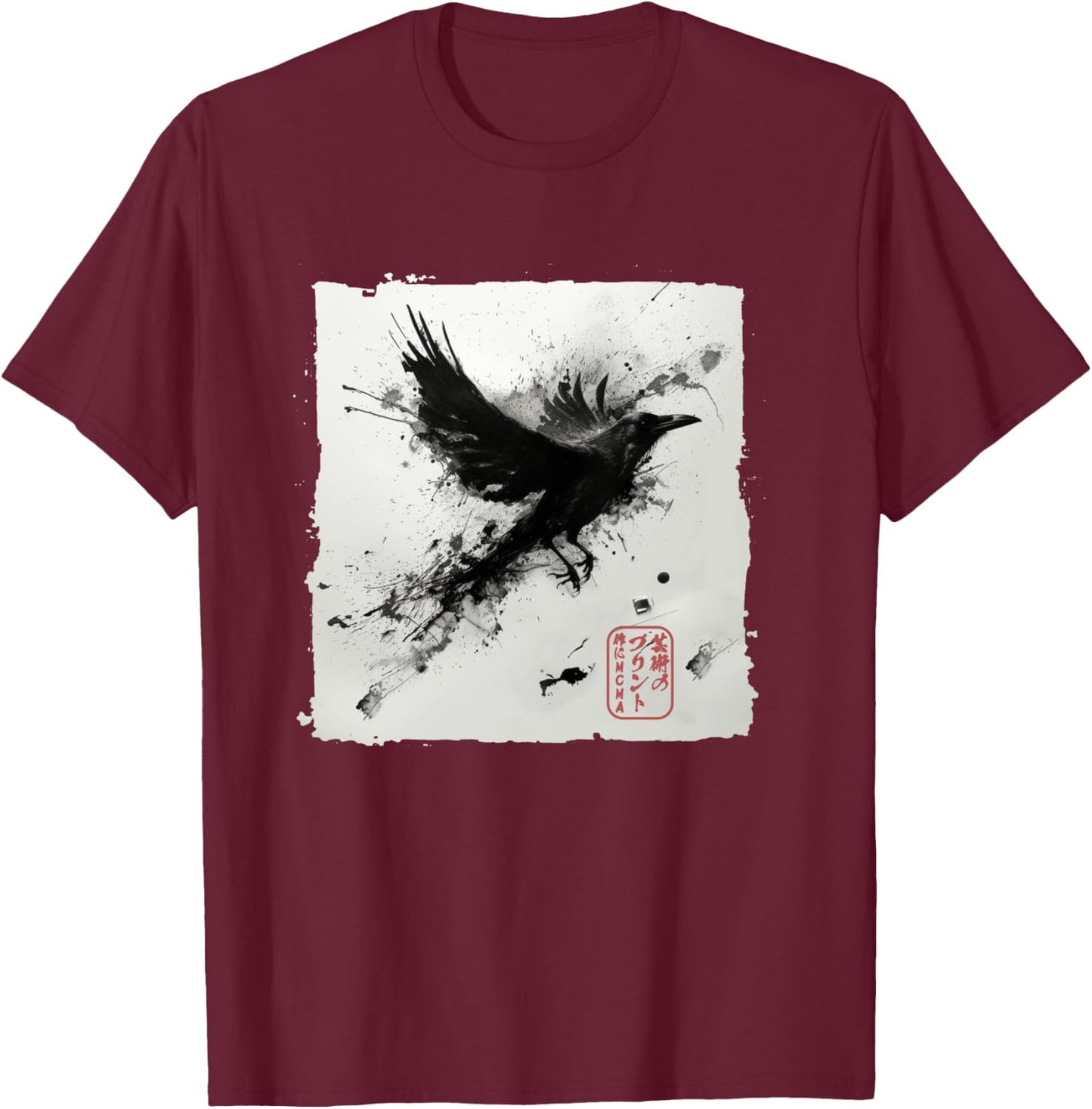 Japanische Kunsttinte Rabe/Krähe – Herren, Damen, Kinder Grafik Langarmshirt T-Shirt - T-Shirt | Maroon