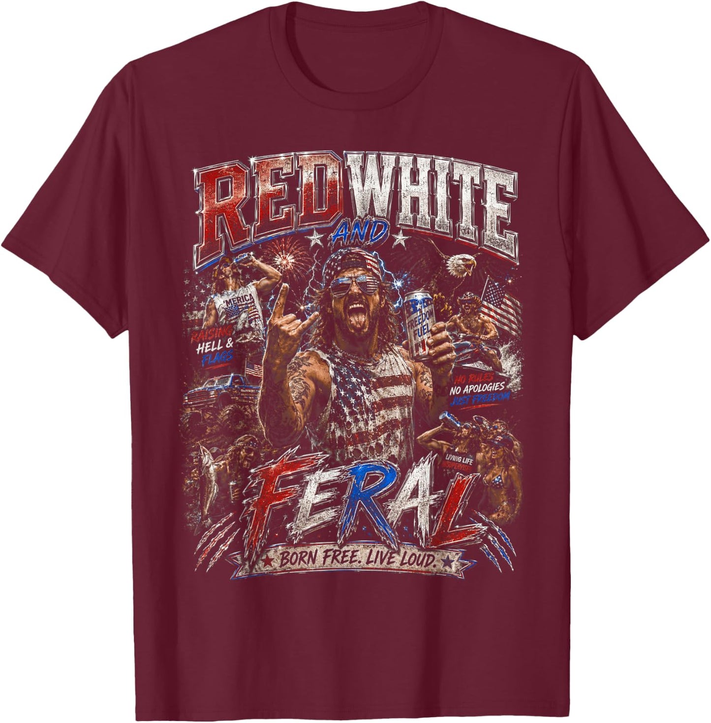 Red White and Feral Freedom US Flag American Bootleg T-Shirt - T-Shirt | Maroon
