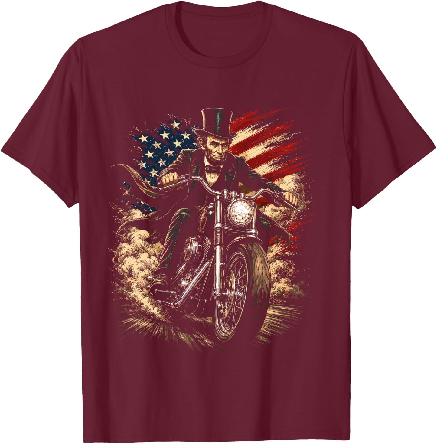 President Abraham Abe Lincoln Riding a Motorcycle Design T-Shirt - T-Shirt | Maroon