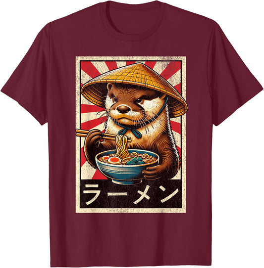 Vintage Otter Eating Ramen. Funny Anime Otter Ramen Lover T-Shirt - T-Shirt | Maroon