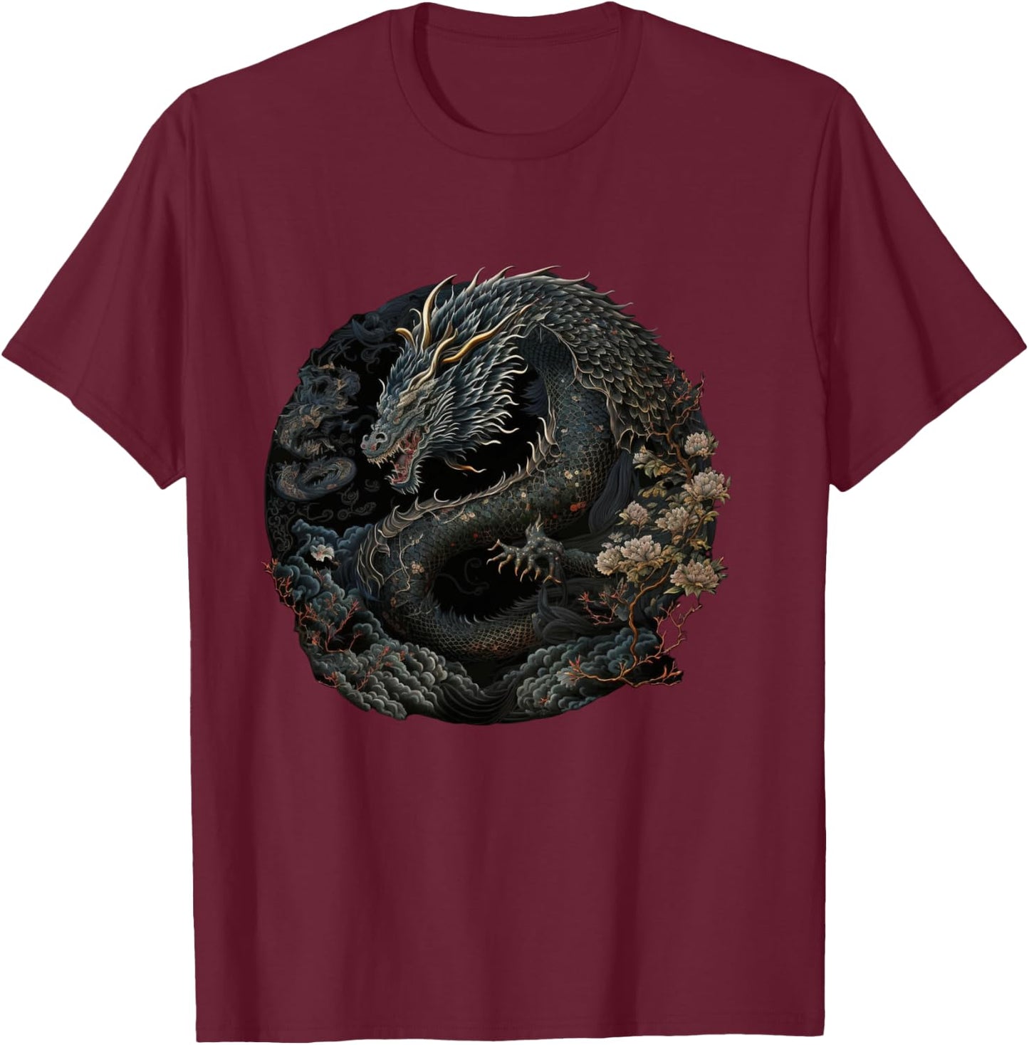 Japanese Art Dragon Japan Chinese Asian Graphic Print T-Shirt - T-Shirt | Maroon