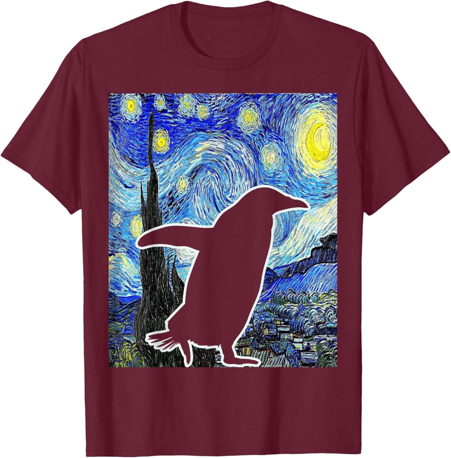 Penguin Starry Night Penguin Lover Van Gogh Penguin T-Shirt - T-Shirt | Maroon